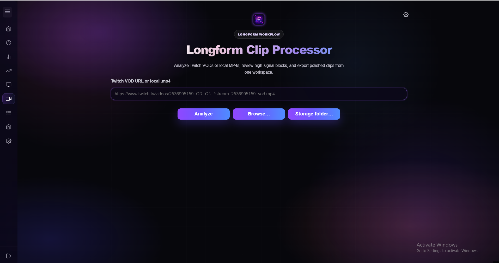 Cliprr VOD processing input screen